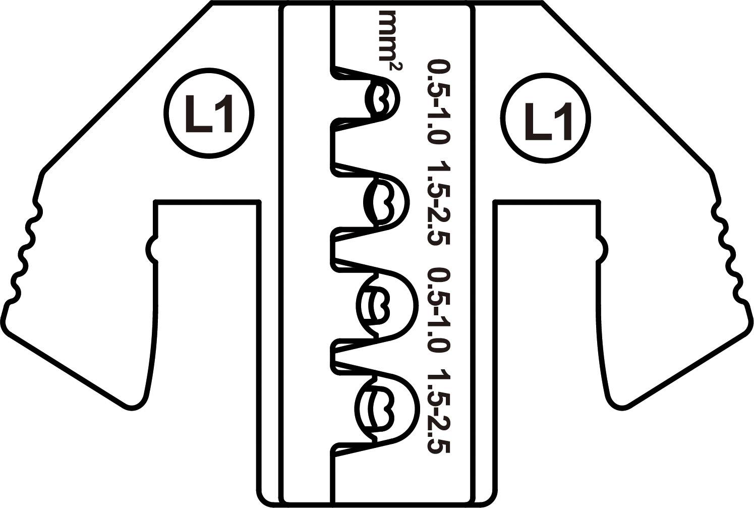 "L1"-Markierungen auf beiden Seiten. Mittiger Querschnitt zeigt Kabelquerschnittsgrößen: 0,5-1,0 mm², 1,5-2,5 mm².