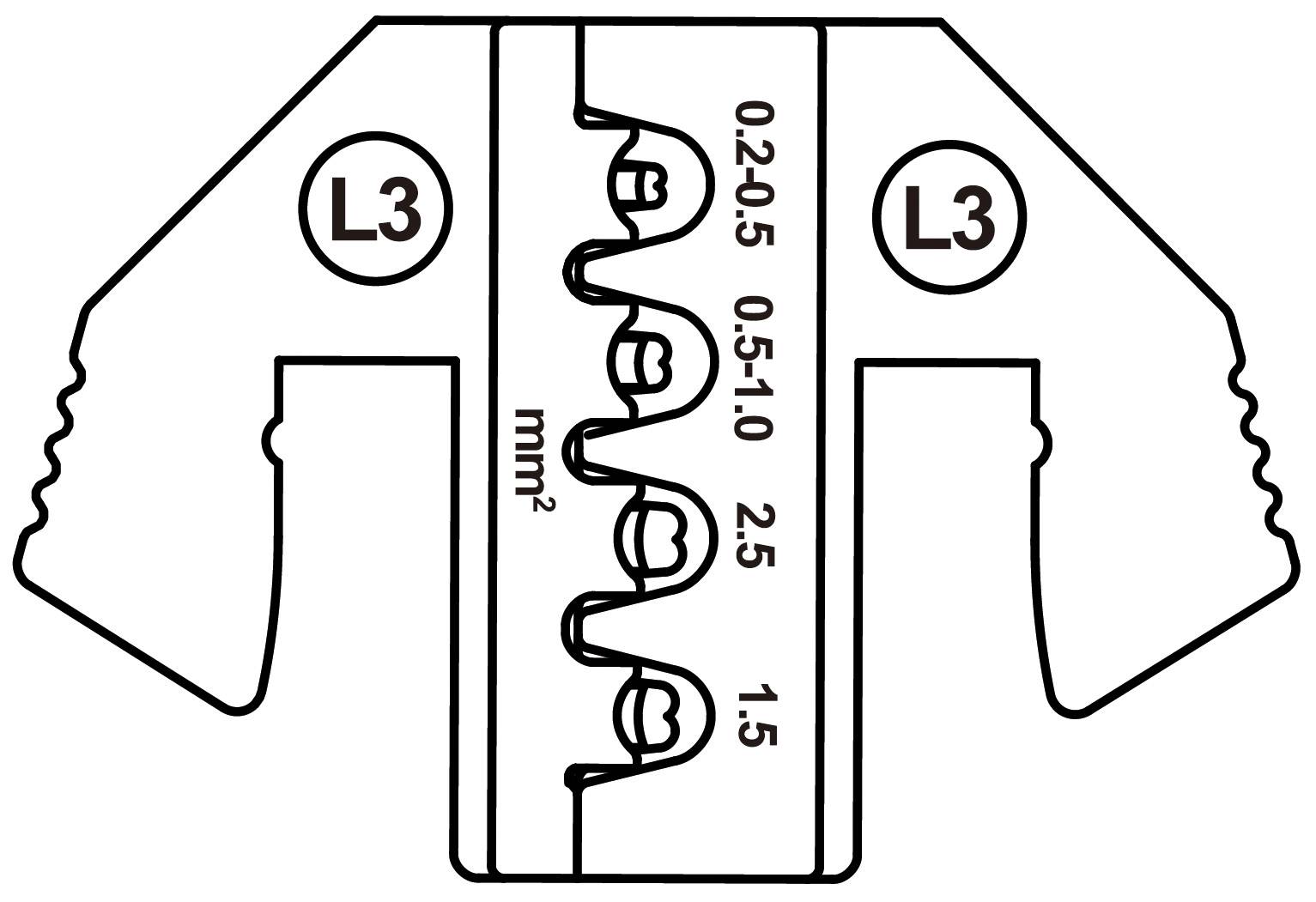 'Abisolierzange zur Drahtabisolierung, markiert mit L3. Skala zeigt Abisolierbereiche von 0,2 bis 2,5 mm².'