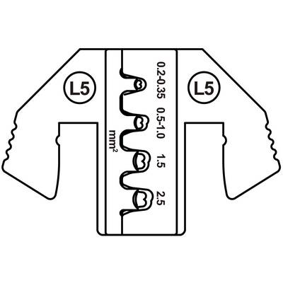 Crimpwerkzeug mit sechs Größen 0,2-2,5 mm², markiert für Draht-Querschnitte, symbolisiert durch halbkreisförmige Kerben.