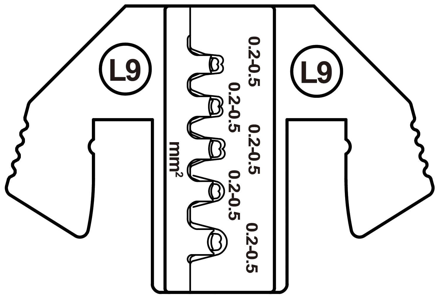 Illustration eines Crimpwerkzeugs für Kabel. Das Werkzeug zeigt die Größenmarkierungen für Kabel mit einem Querschnitt von 0,2-0,5 mm².