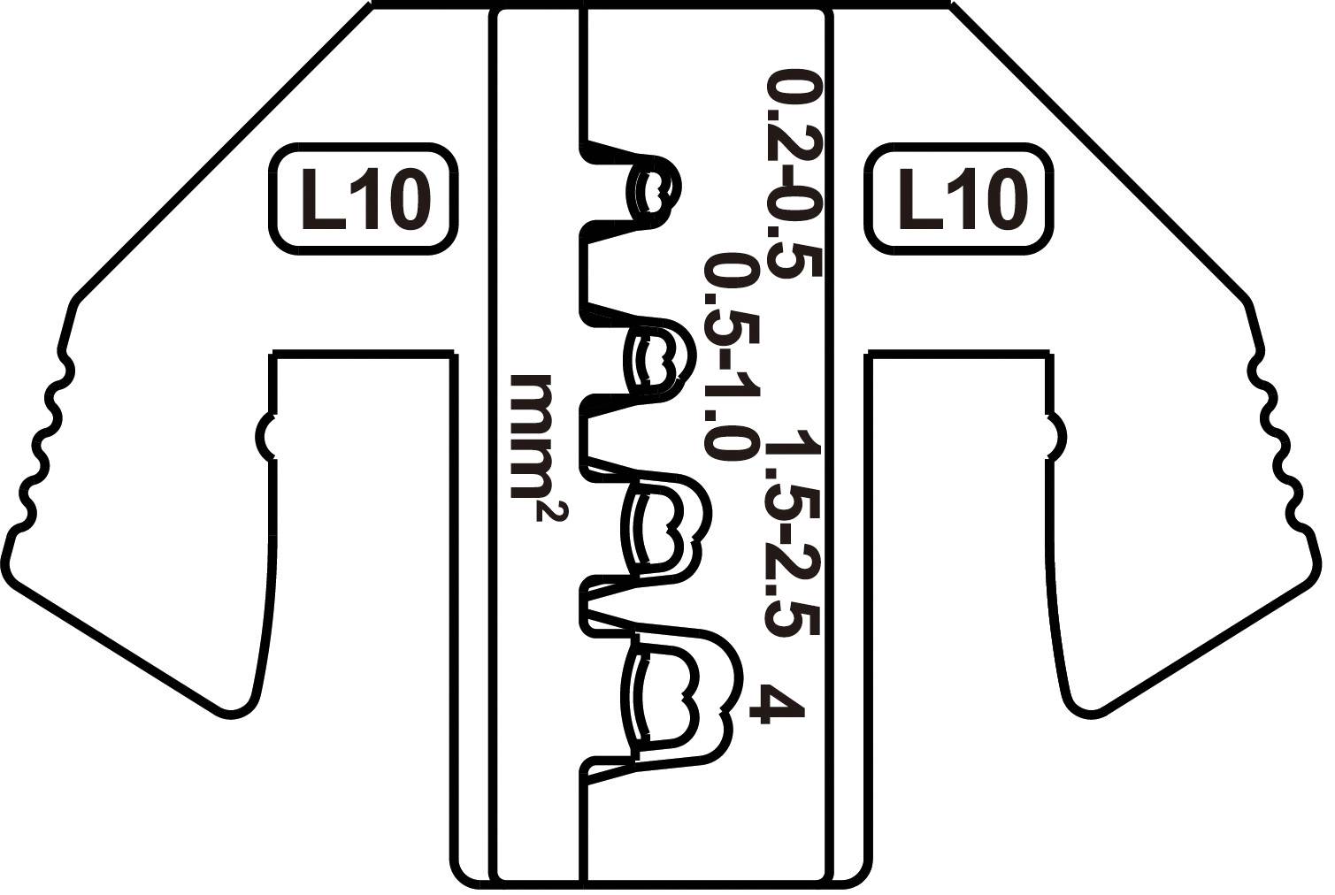Zeichnung einer Crimpzange-Einsatzöffnung, beschriftet mit 'L10'. Skala zeigt Kabelquerschnitt in mm²: 0.2-0.5, 0.5-1.0, 1.5-2.5, 4.