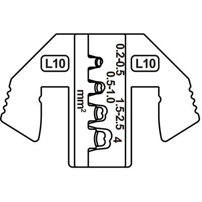 Zeichnung einer Crimpzange-Einsatzöffnung, beschriftet mit 'L10'. Skala zeigt Kabelquerschnitt in mm²: 0.2-0.5, 0.5-1.0, 1.5-2.5, 4.