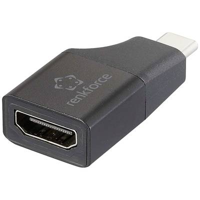 Schwarzer HDMI-zu-USB-C Adapter mit 'renkforce' Logo, ermöglicht den Anschluss von HDMI-Geräten an USB-C-kompatible Geräte.