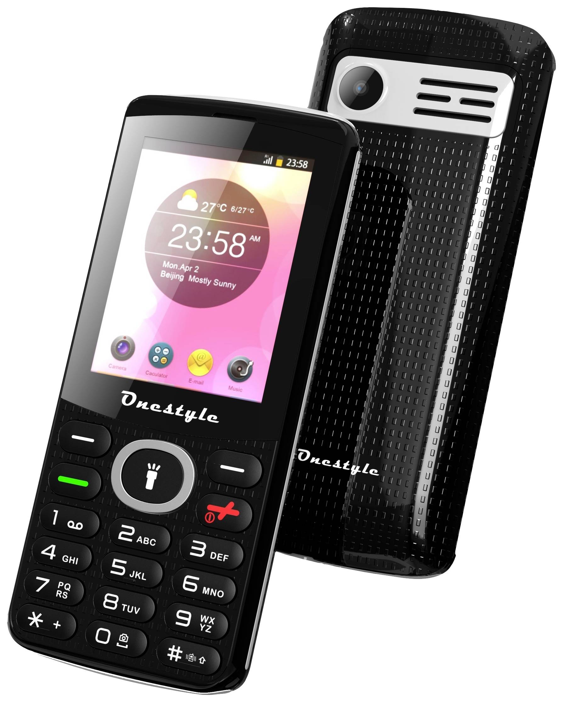 Ein schwarz glänzendes Mobiltelefon mit numerischer Tastatur und kleinem Farbdisplay, zeigt Uhrzeit und Wetter. Text 'Onestyle'.