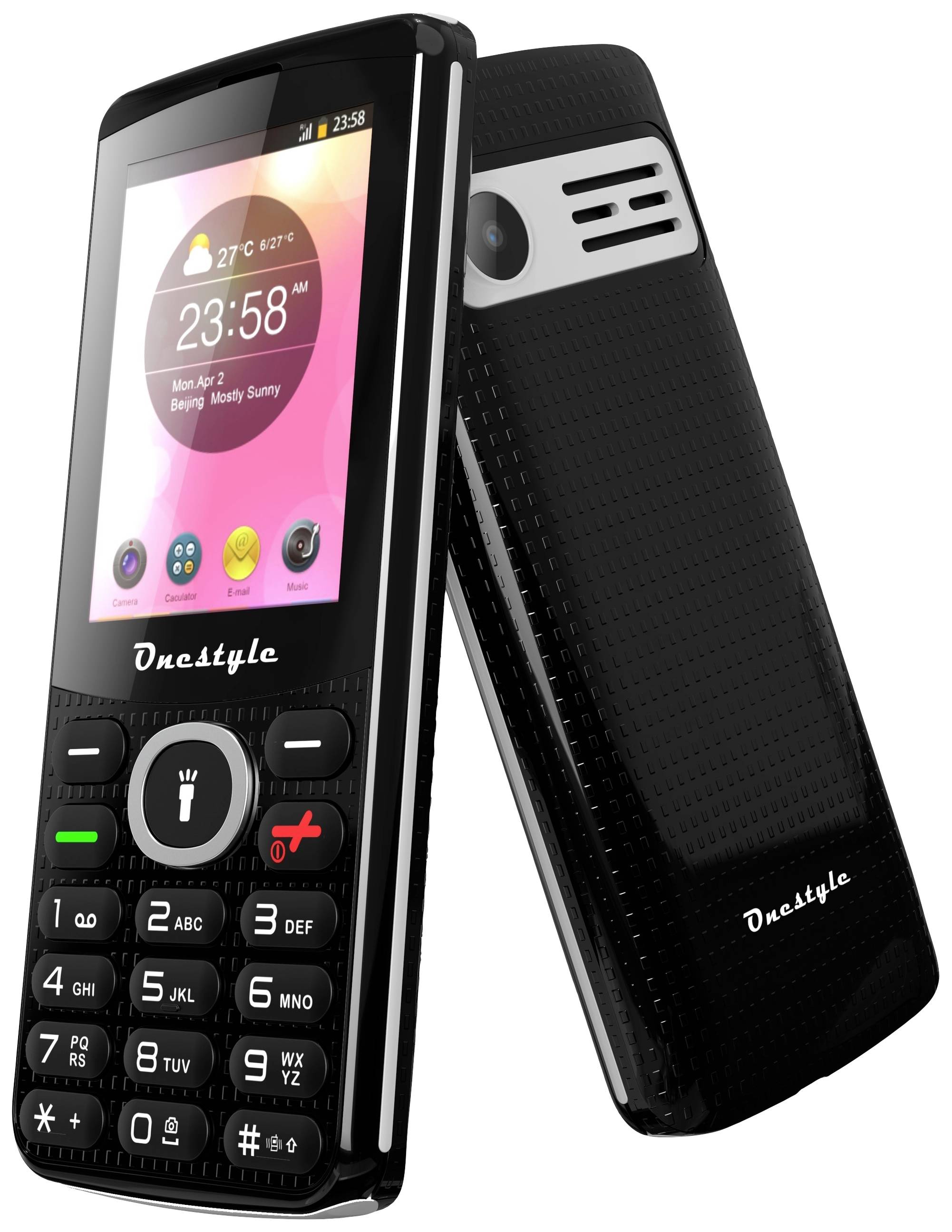 Zwei schwarze Mobiltelefone mit Tasten und kleinem Bildschirm zeigen die Uhrzeit, Wetterinformationen und App-Symbole an.
