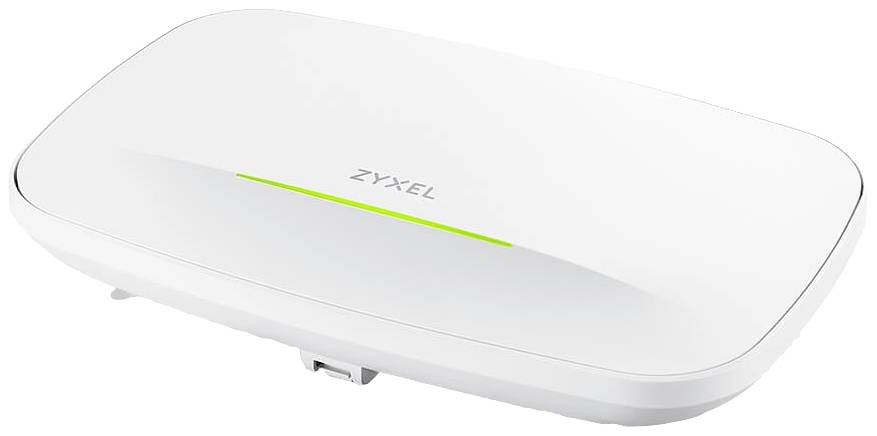 Ein weißer, flacher WLAN-Router von Zyxel mit einem grünen Lichtstreifen an der Oberseite.