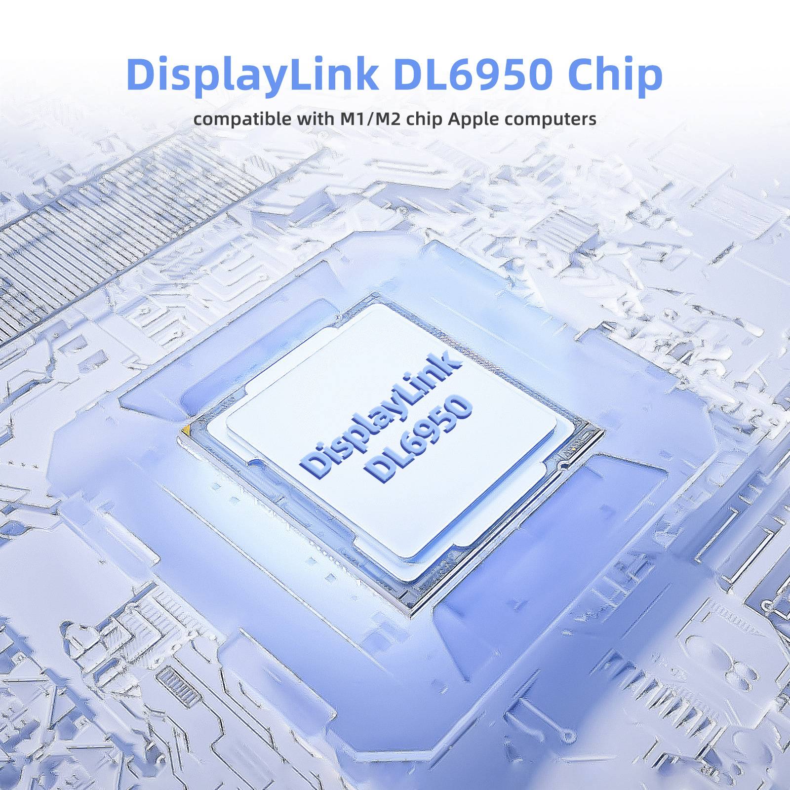 "DisplayLink DL6950 Chip" vor einem stilisierten Schaltkreishintergrund, mit Hinweis auf Kompatibilität mit Apple-Computern mit M1/M2-Chip.