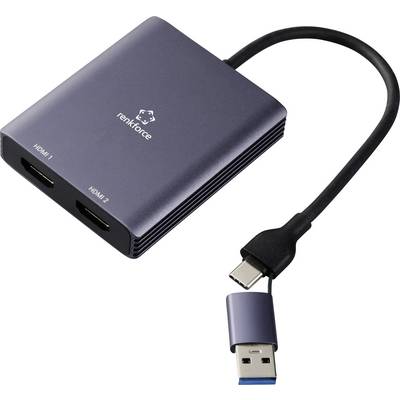 Externer Adapter mit zwei HDMI-Anschlüssen und einem USB-C-Stecker in dunklem Gehäuse, geeignet für Videoverbindungen.