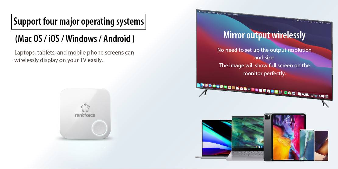 Das Bild zeigt ein drahtloses Anzeigegerät, das vier Betriebssysteme unterstützt: Mac OS, iOS, Windows und Android, mit TV und mobilen Geräten.