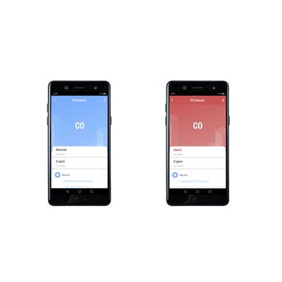 Zwei Smartphones mit CO-Warngeräten. Links: blauer Bildschirm, Anzeige 'Normal', 0 ppm. Rechts: roter Bildschirm, Anzeige 'Alarm', 0 ppm.