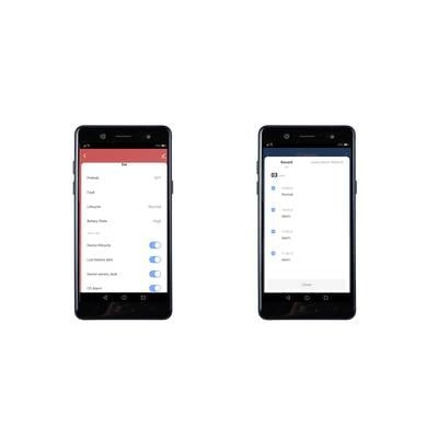 Zwei Smartphone-Bildschirme zeigen ein Menü mit Geräteeinstellungen und einen Ereignisprotokollbildschirm mit Zeit- und Alarmdetails.