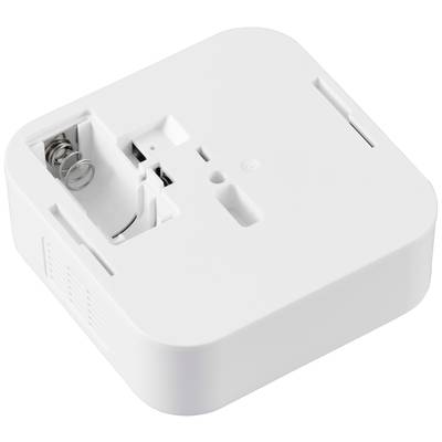 Weißes elektronisches Gerät mit Batteriefach, offen, ohne Batterien. Quadratische Form, minimalistische Gestaltung.