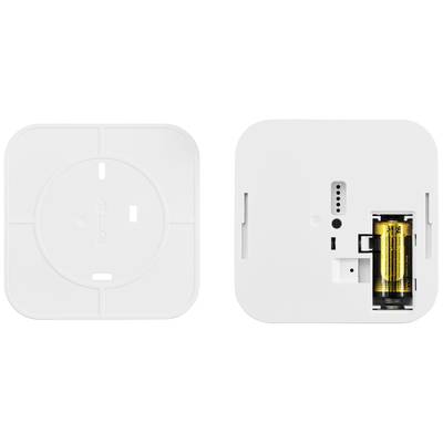 Linkes Bild zeigt eine Rückansicht eines weißen quadratischen Geräts mit runden Aussparungen; rechts ist eine Batterie in einem Fach sichtbar.