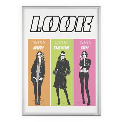 Ein Poster mit drei modischen Figuren in separaten Paneelen, jeweils mit den Anweisungen: 'LOOK OUT!', 'LOOK DOWN!' und 'LOOK UP!'.