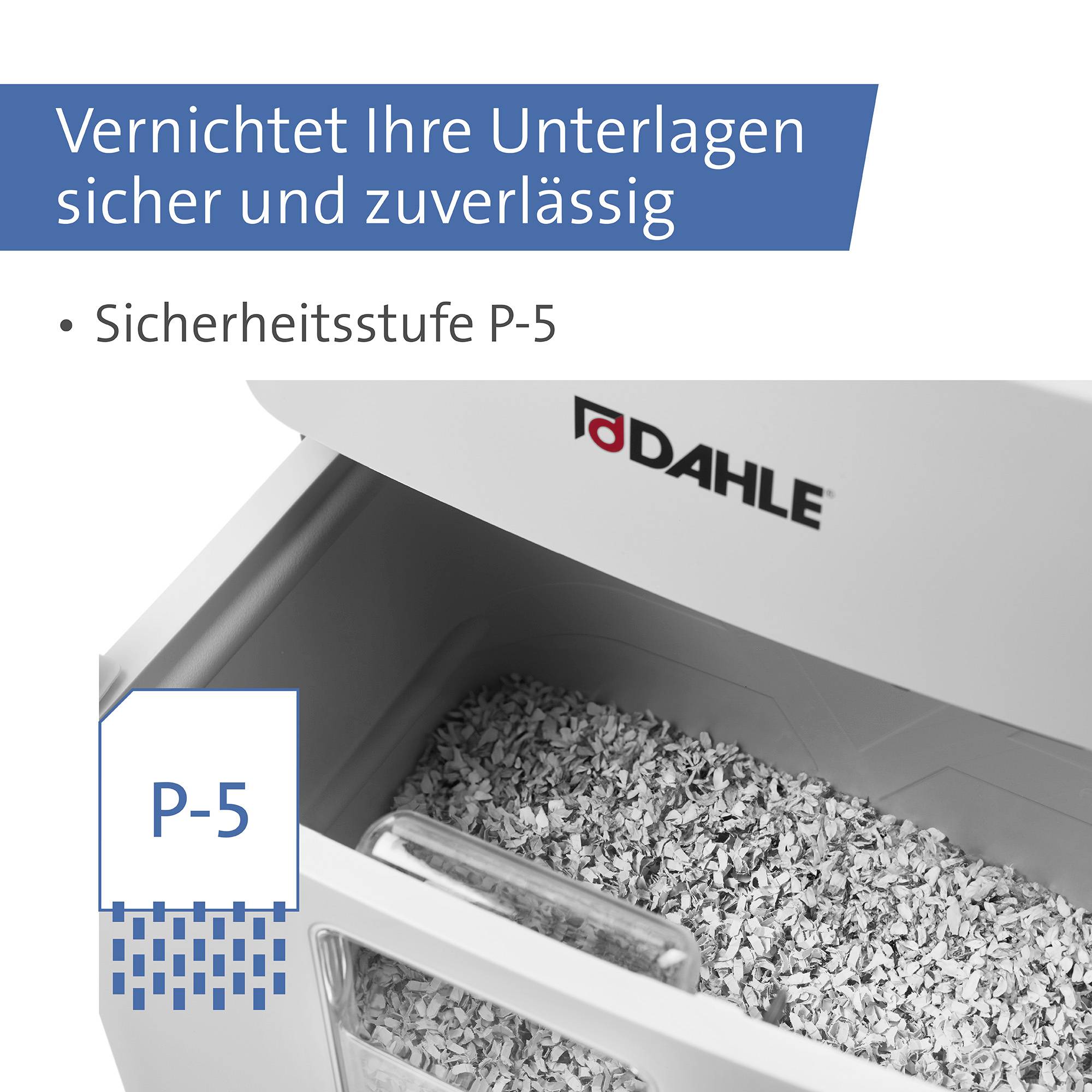 'Papiershredder zeigt Sicherheitsstufe P-5, zerkleinert Dokumente sicher und zuverlässig.'