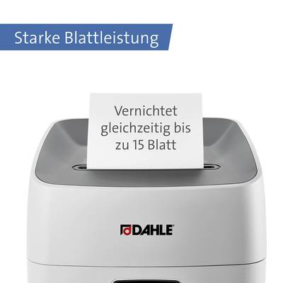 'Reißwolf mit Schild: "Vernichtet gleichzeitig bis zu 15 Blatt".'