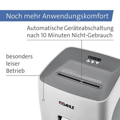 Ein Aktenvernichter von DAHLE. Text auf dem Bild: 'Noch mehr Anwendungskomfort', automatische Abschaltung, leiser Betrieb.