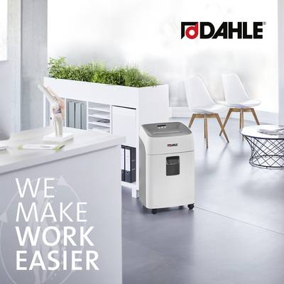 Büro mit Aktenvernichter und Pflanzen. Text auf dem Bild: 'We make work easier'. Möbel und Arbeitsbereich im Hintergrund.