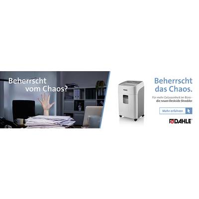 Ein aufgeräumtes Büro mit Aktenvernichter und der Text 'Beherrscht das Chaos. Für mehr Gelassenheit im Büro.' Links chaotischer Schreibtisch.