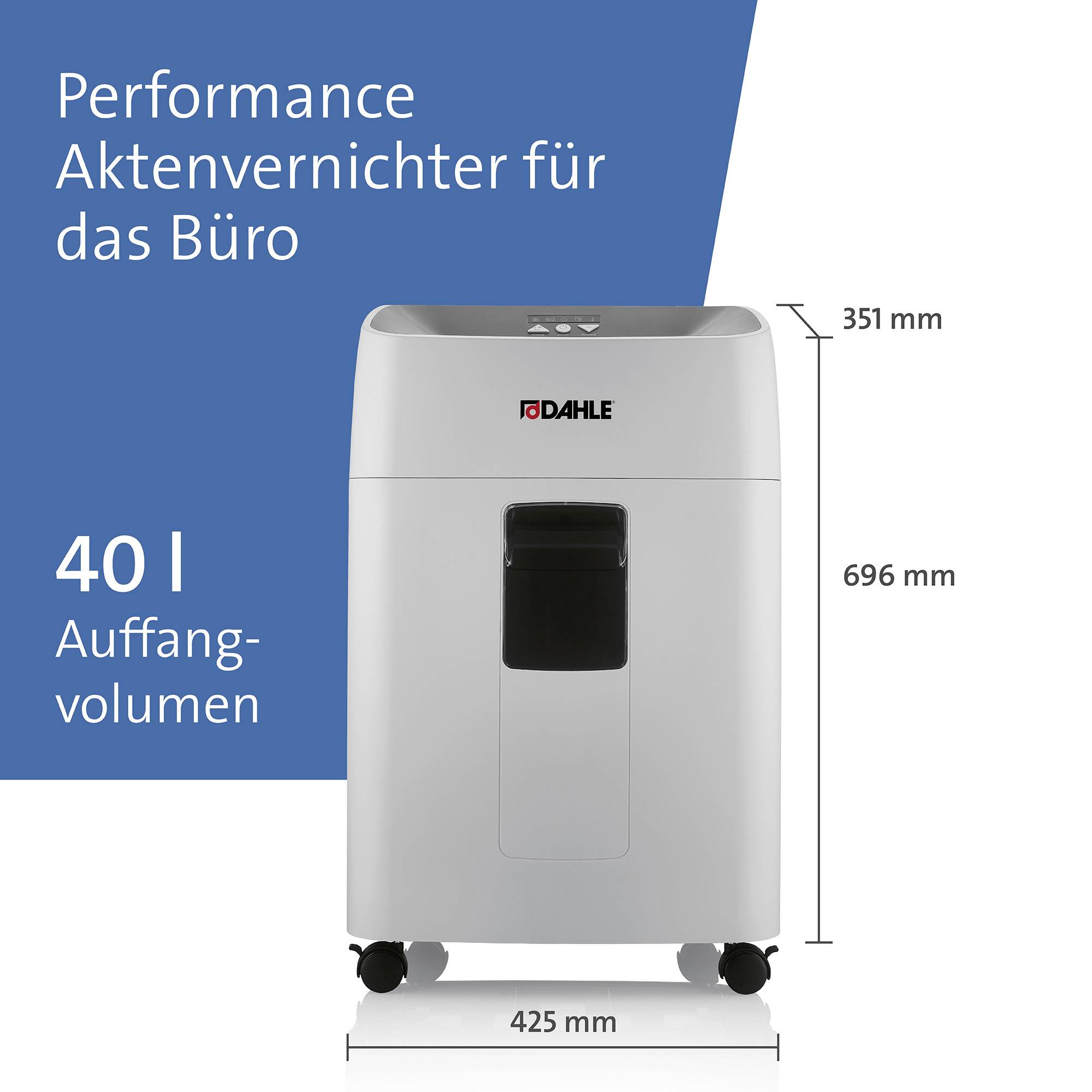 Büro-Aktenvernichter von Dahle, 40-Liter-Volumen, misst 696 mm x 425 mm x 351 mm. Vorgestellt auf blauem Hintergrund mit Text.