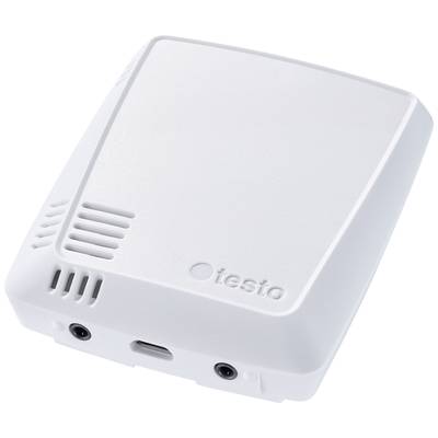 Ein weißer Datenlogger von Testo zur Überwachung von Temperatur und Luftfeuchtigkeit, kompakt und mit mehreren Anschlussmöglichkeiten.
