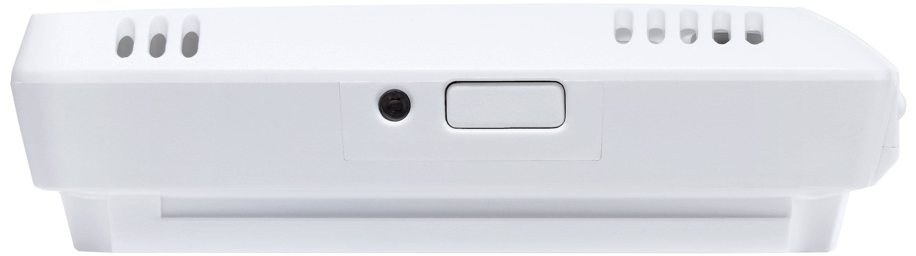 Ein weißes, rechteckiges elektronisches Gerät mit Lüftungsschlitzen und einem Knopf in der Mitte, abgebildet von der Seite.