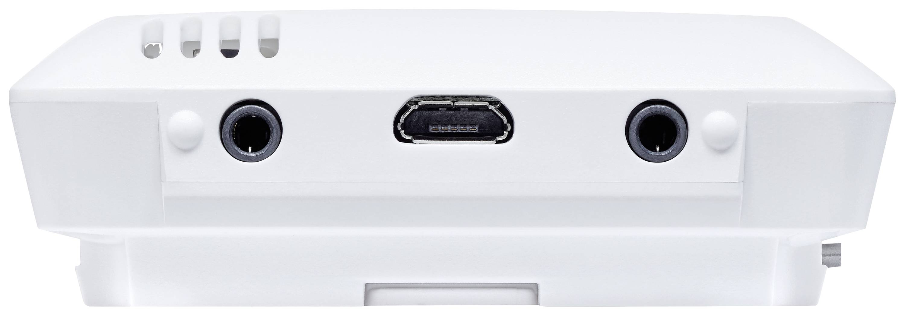 Ein weißes elektronisches Gerät mit Anschlüssen an der Vorderseite, darunter ein zentraler USB-Anschluss und zwei runde Buchsen.