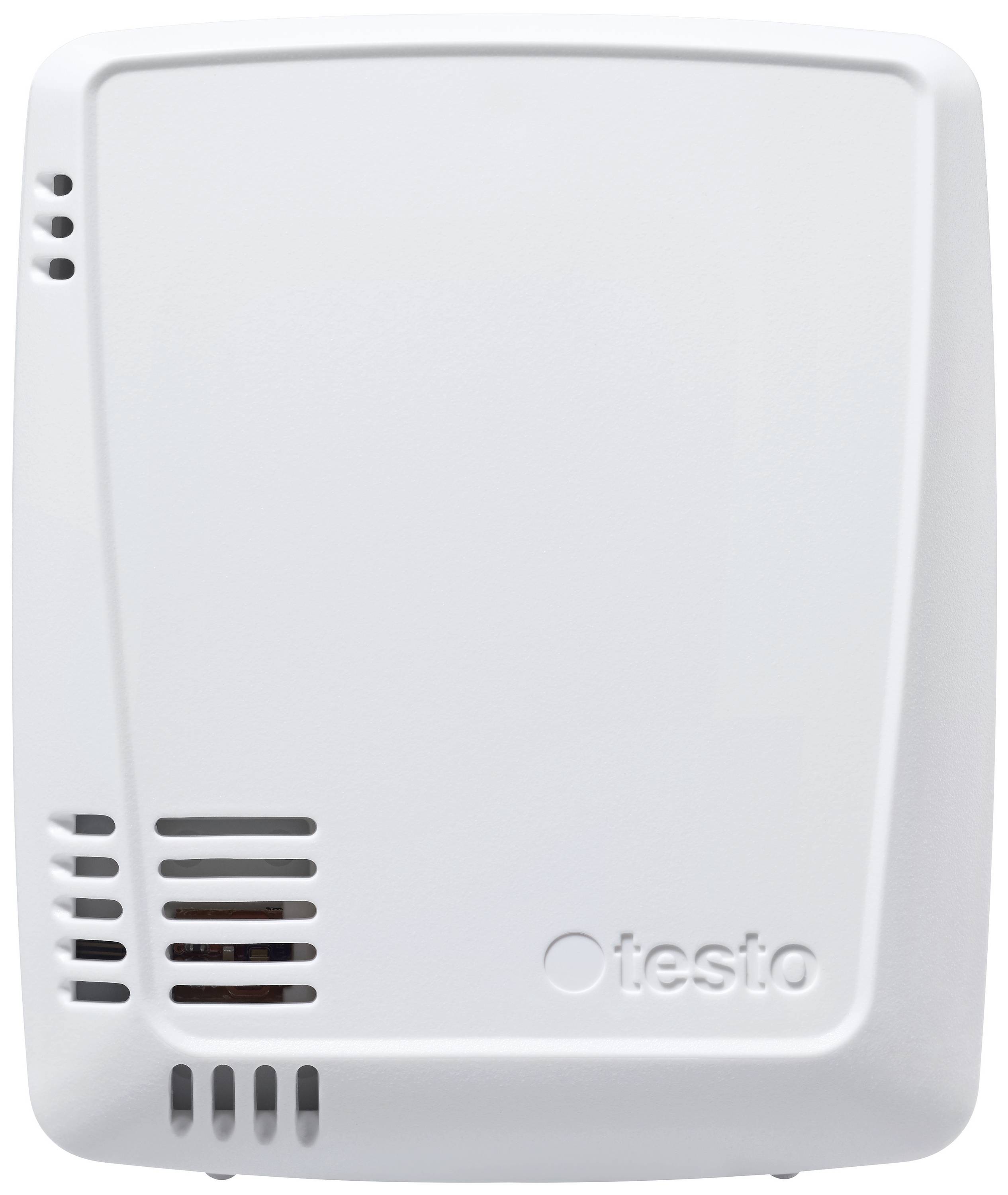 Ein weißes rechteckiges Gerät zur Überwachung der Luftqualität, mit Lufteinlässen auf der linken Seite und dem Markenlogo unten rechts.