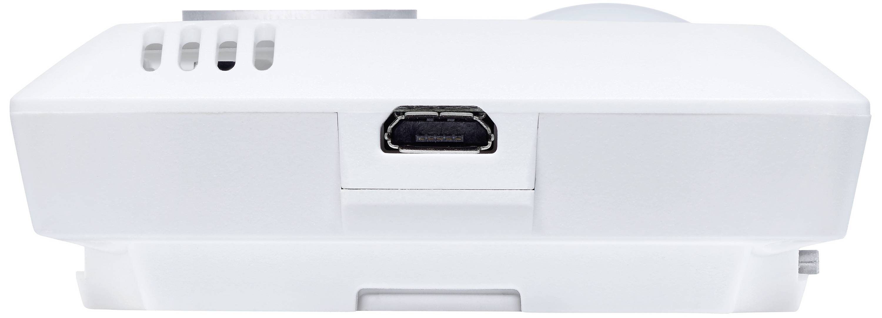 Weiße elektronische Box mit HDMI-Anschluss auf der Vorderseite, möglicherweise Teil eines Projektors oder Monitors.
