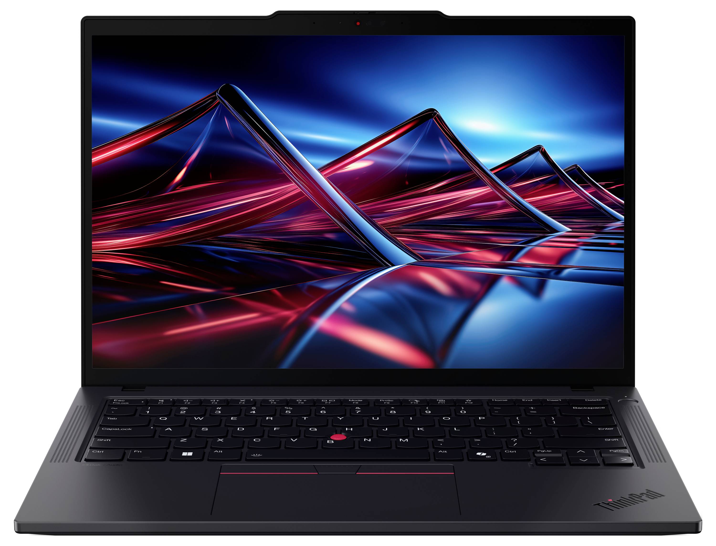 Ein geöffneter Laptop mit beleuchtetem Bildschirm zeigt ein abstraktes, futuristisches Bild mit roten und blauen Lichtformen.