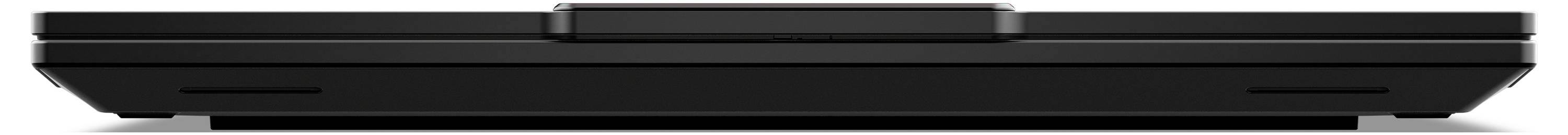 Ein geschlossenes, schwarzes Laptop von vorne, das eine schlichte, minimalistische Gestaltung aufweist.