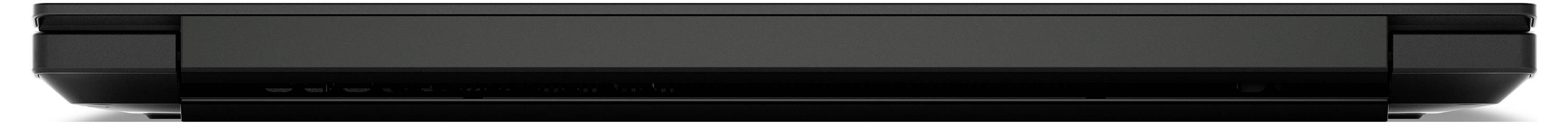 Ein flacher schwarzer Laptop, geschlossen, von der Vorderseite gesehen, mit sichtbarem Lüftergitter auf der Unterseite.