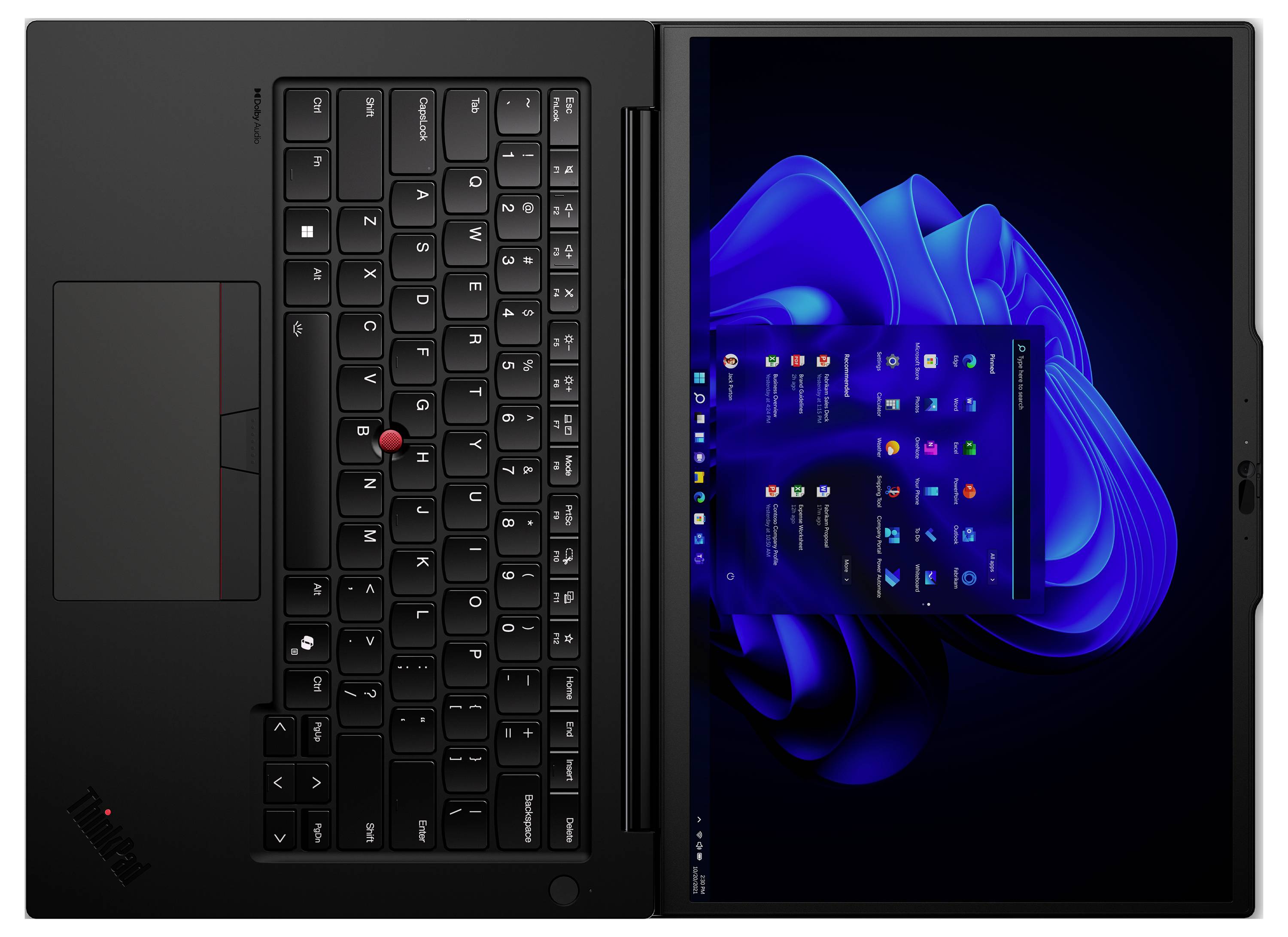 Ein aufgeklappter Laptop mit schwarzer Tastatur und einem hochformatigen Display, das die Startseite eines Betriebssystems zeigt.