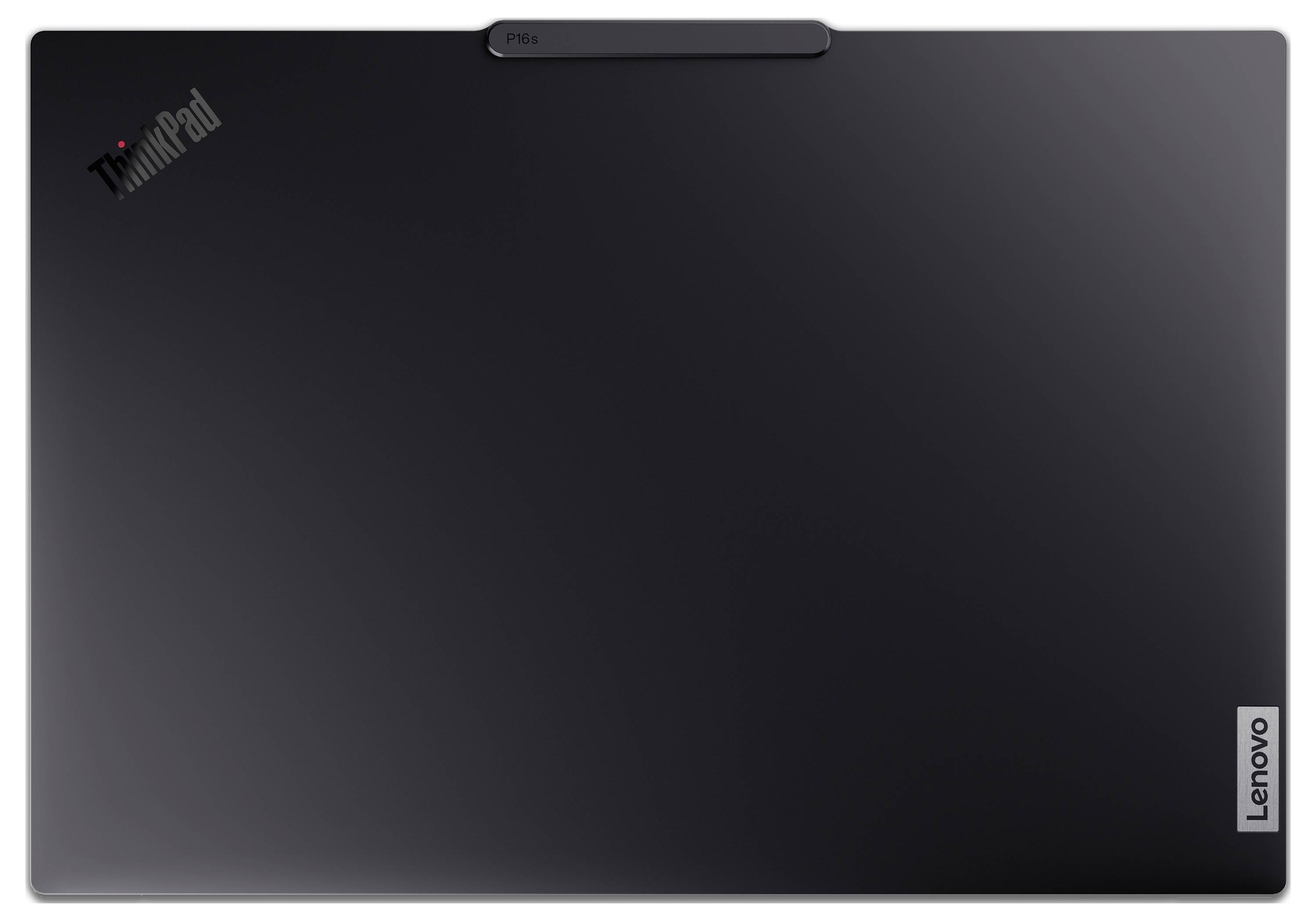 Ein geschlossenes schwarzes Lenovo ThinkPad Laptop mit sichtbarem Logo in der oberen linken Ecke und Lenovo-Emblem unten rechts.