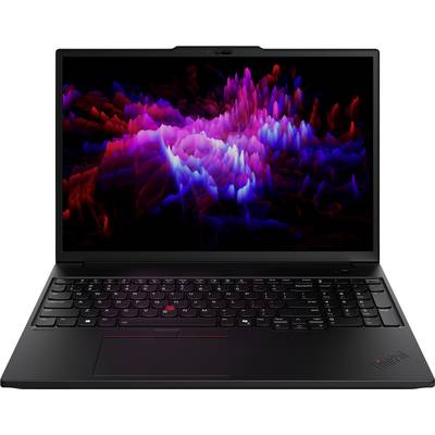 Ein schwarzer Laptop mit beleuchtetem Bildschirm zeigt bunte, wellenförmige Lichtmuster in Pink und Blau.