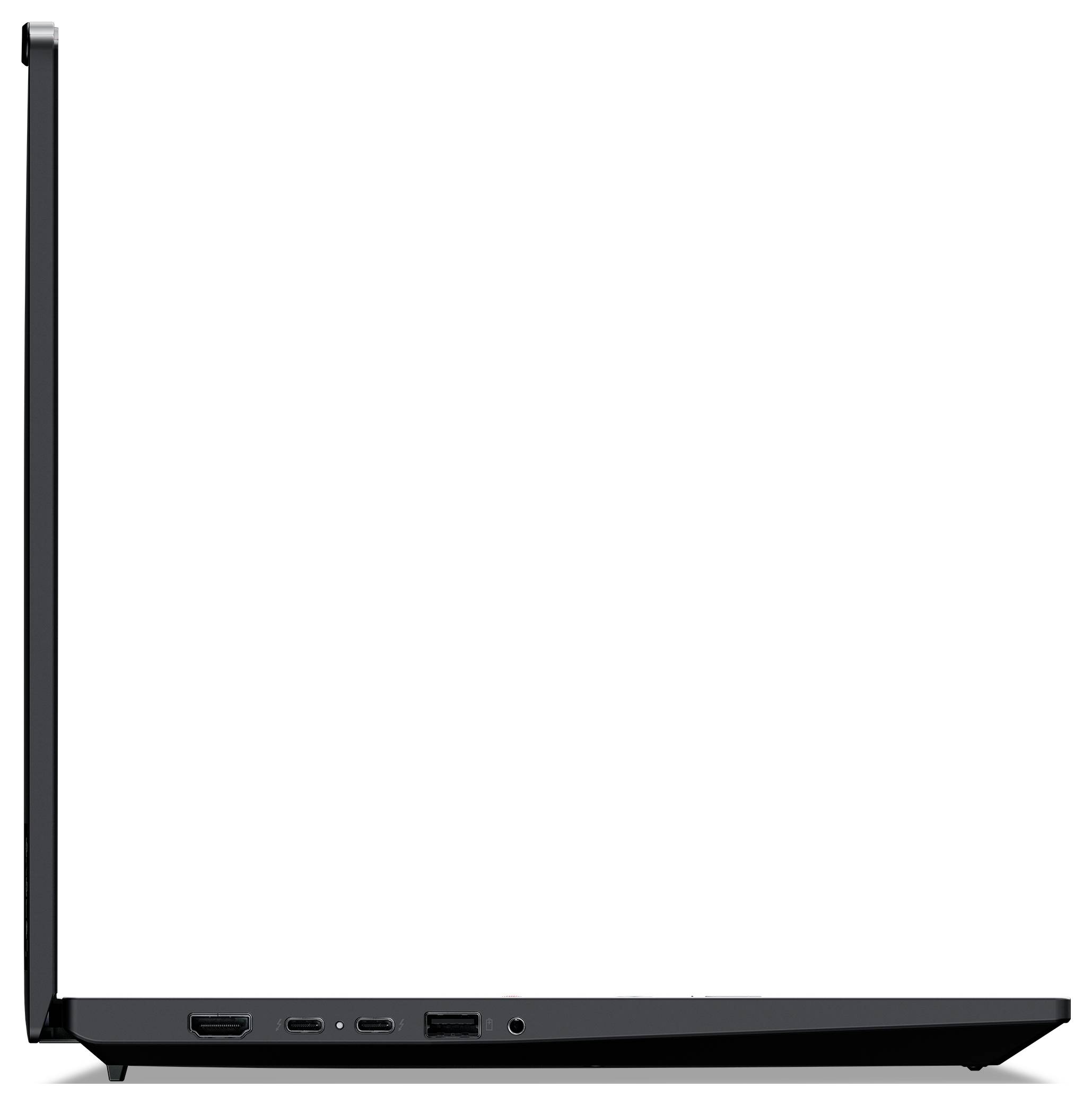Ein seitlich geöffneter Laptop zeigt Anschlüsse wie HDMI, USB-C und USB-A an der linken Seite des Geräts.