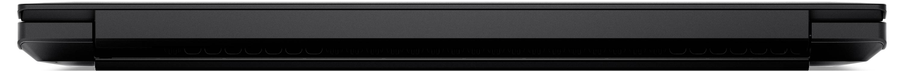 Ein geschlossener Laptop von der Seite gezeigt, überwiegend in Schwarz gehalten.