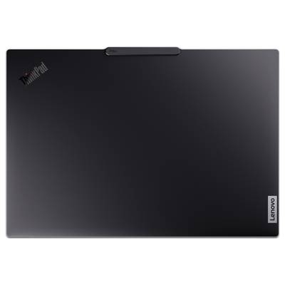 Schwarzes Lenovo ThinkPad Laptop von oben betrachtet, Logo in der Ecke sichtbar.