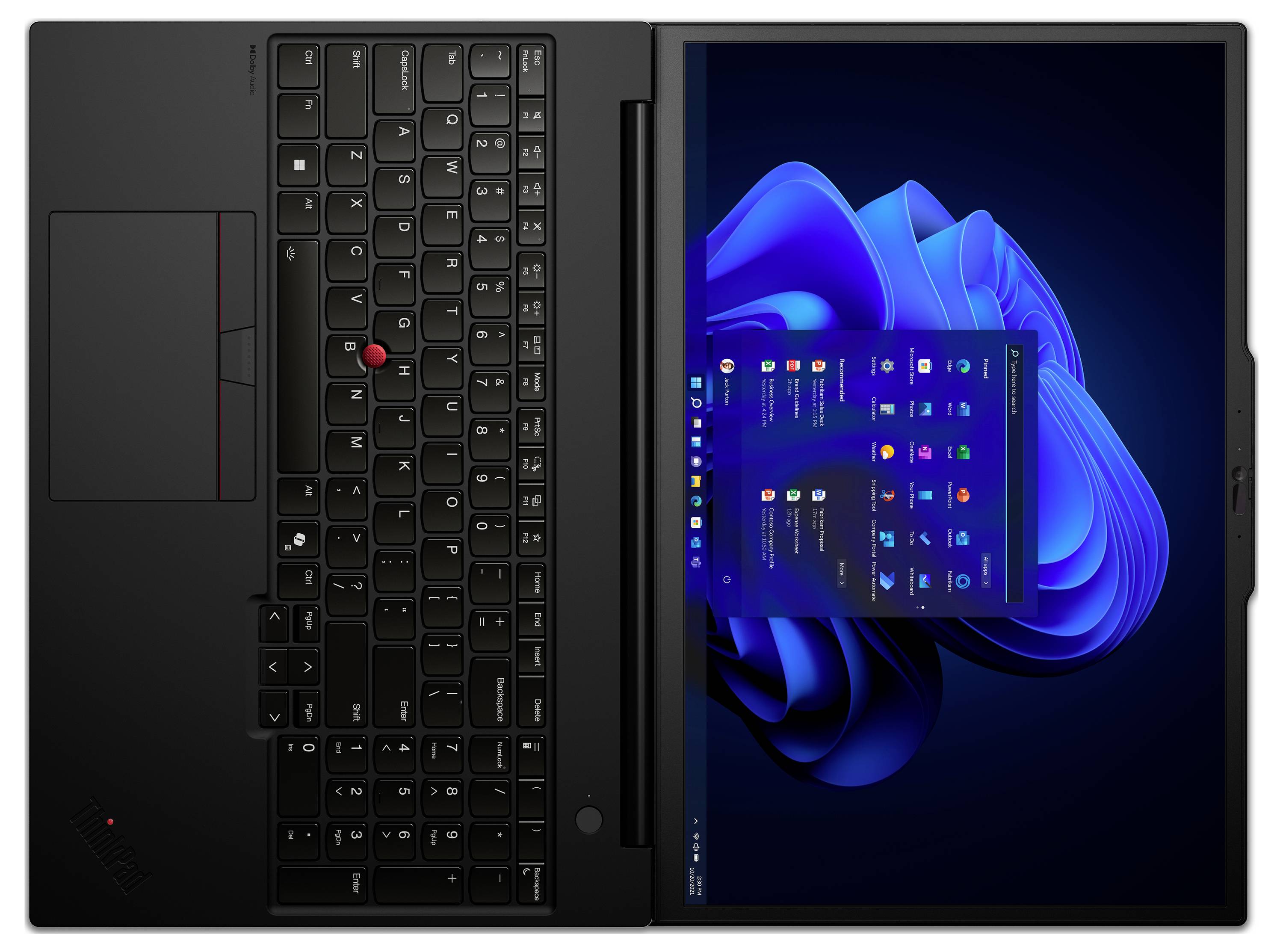 Laptop mit seitlich gedrehtem Bildschirm zeigt Windows-Benutzeroberfläche. Tastatur mit TrackPoint links, Windows-Startmenü geöffnet.