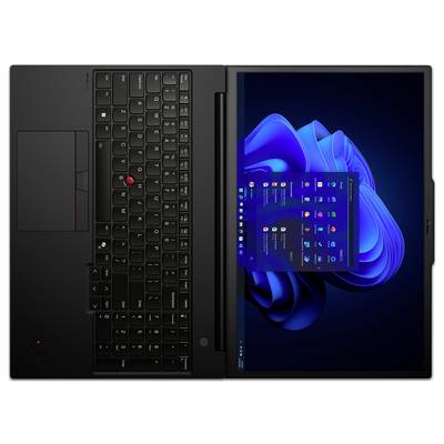 Laptop mit seitlich gedrehtem Bildschirm zeigt Windows-Benutzeroberfläche. Tastatur mit TrackPoint links, Windows-Startmenü geöffnet.