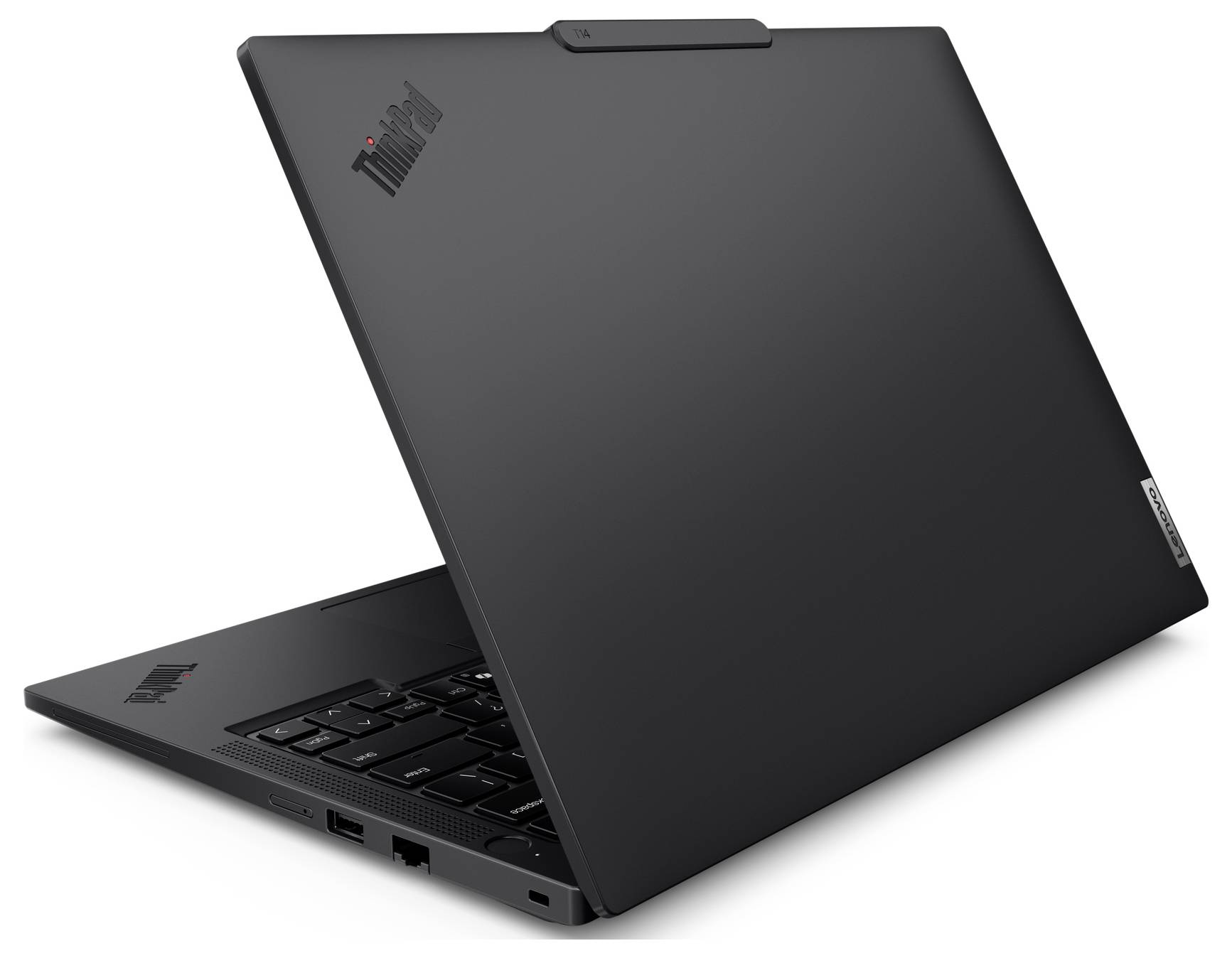 Ein aufgeklappter, schwarzer Laptop, Marke ThinkPad, mit sichtbarer Tastatur und Portanschlüssen, steht auf einer hellen Oberfläche.