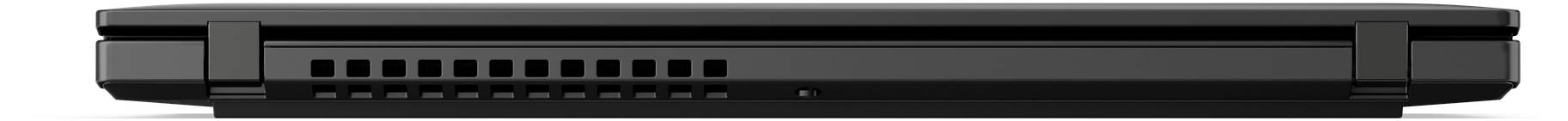 Ein schwarzer, geschlossener Laptop von der Seite, Schwerpunkt auf den Lüftungsschlitzen in der Mitte.