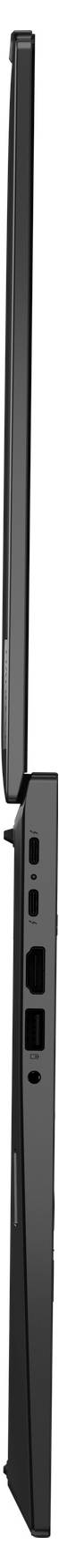 Seitenansicht eines schwarzen, schlanken Geräts mit mehreren Anschlüssen, darunter zwei USB-Anschlüsse und ein HDMI-Anschluss.