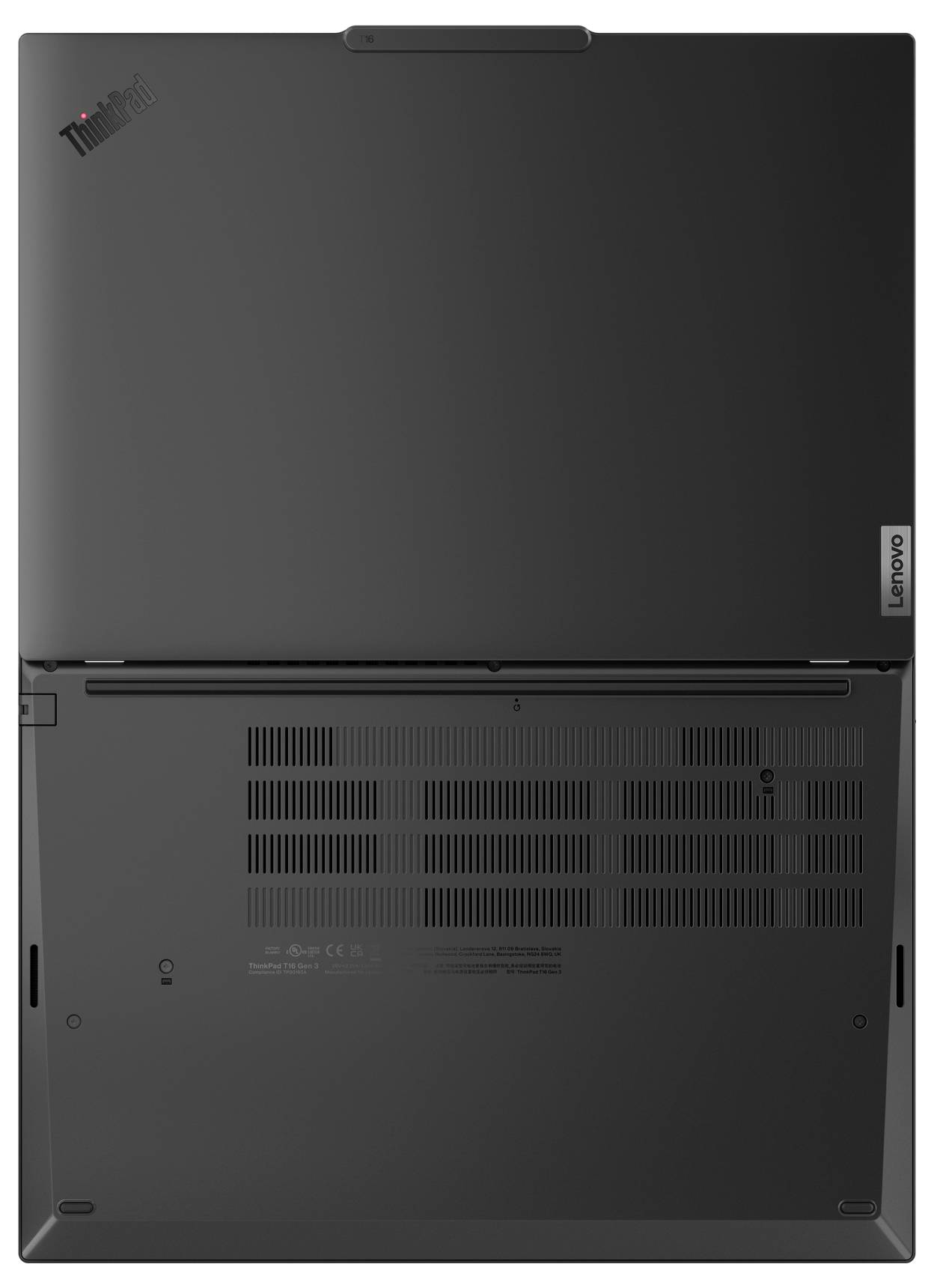 Die Unterseite eines schwarzen Laptops mit Lüftungsschlitzen und 'Lenovo'-Logo sichtbar. Die Klappe für den Akku ist abnehmbar.