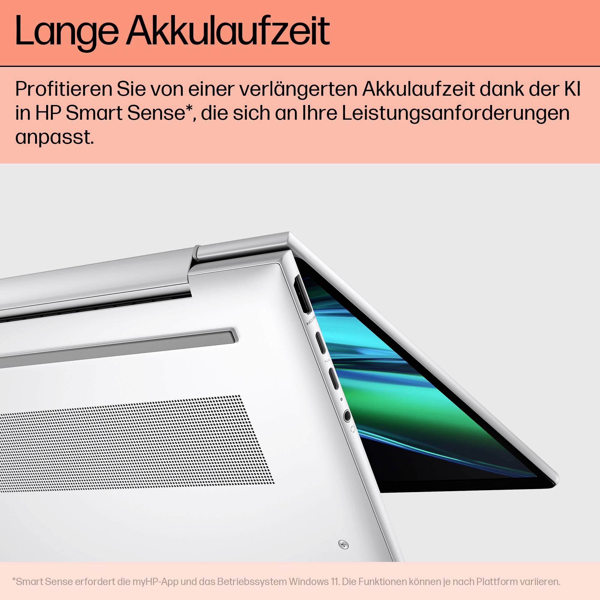 Das Bild zeigt ein modernes Laptop-Design mit dem Fokus auf die verbesserte Akkulaufzeit dank der Anpassung durch HP Smart Sense.