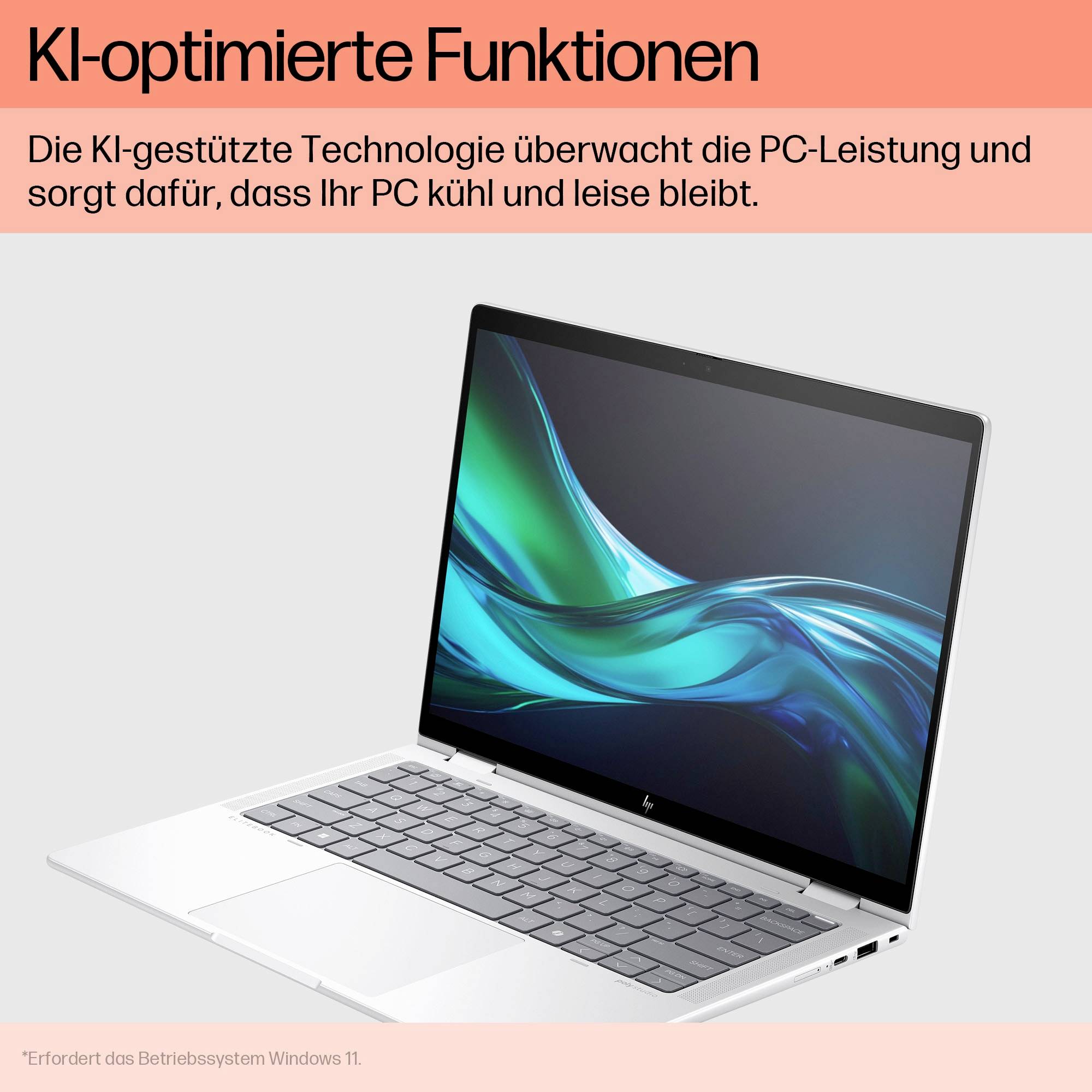 Ein geöffneter Laptop blinkt auf dem Bildschirm. Text oben: 'KI-optimierte Funktionen'. Text unten: 'Erfordert das Betriebssystem Windows 11'.