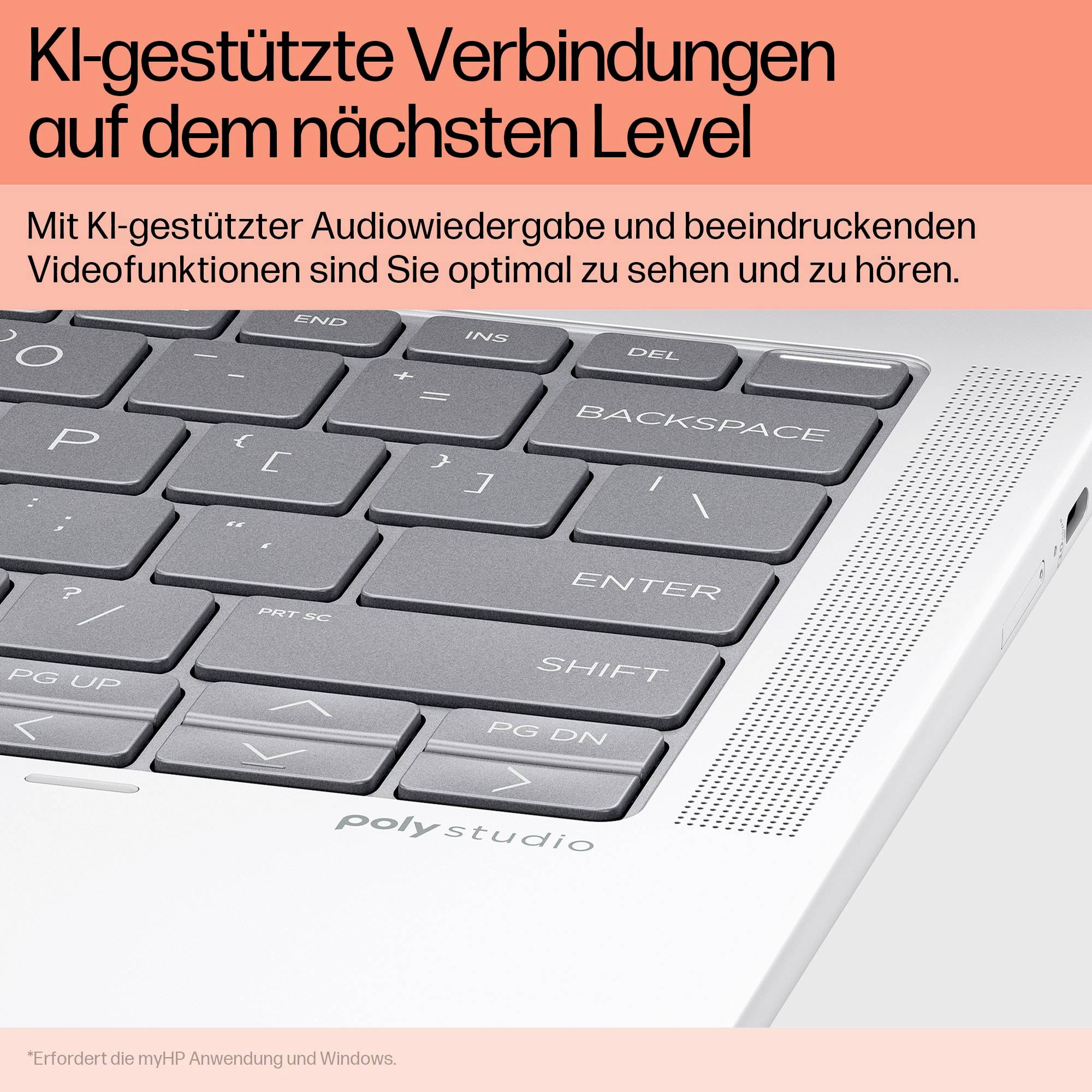 'KI-gestützte Verbindungen auf dem nächsten Level' steht über einem Laptop-Tastaturbild. Darunter Infos zu Audio- und Videofunktionen.