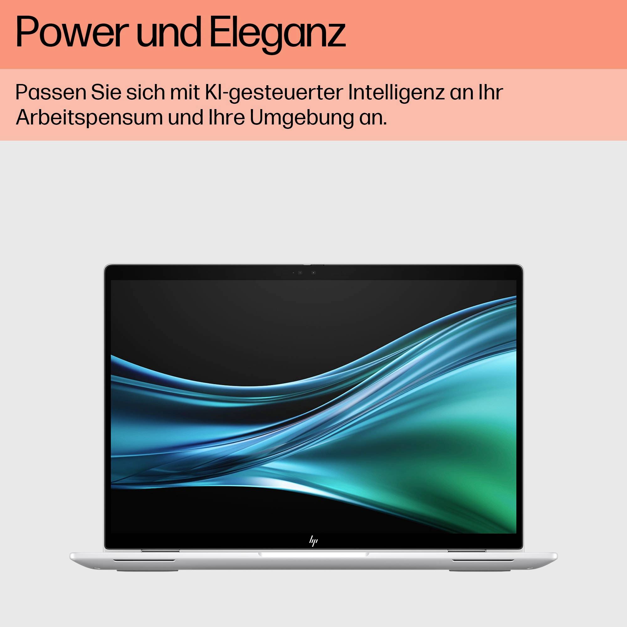 Ein Laptop mit einem leuchtenden Bildschirmschoner. Darüber: 'Power und Eleganz'. Text: 'Passen Sie sich mit KI-gesteuerter Intelligenz an.'