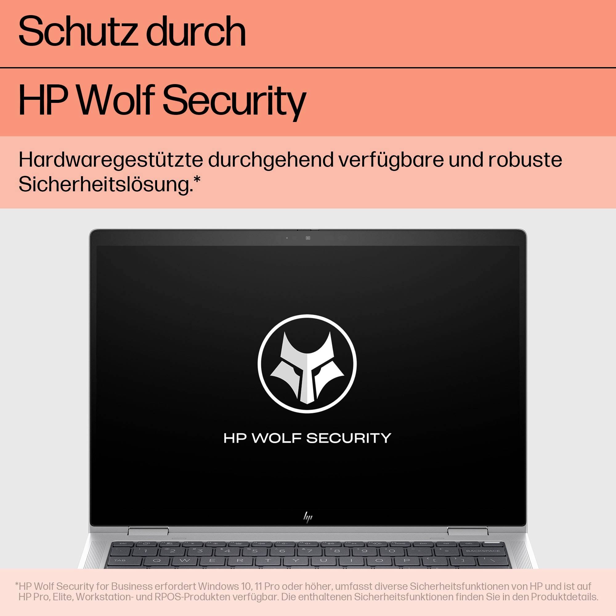 Ein Laptop zeigt das Logo von HP Wolf Security auf dem Bildschirm. Text: 'Schutz durch HP Wolf Security' und 'Hardwaregestützte...Sicherheitslösung.'