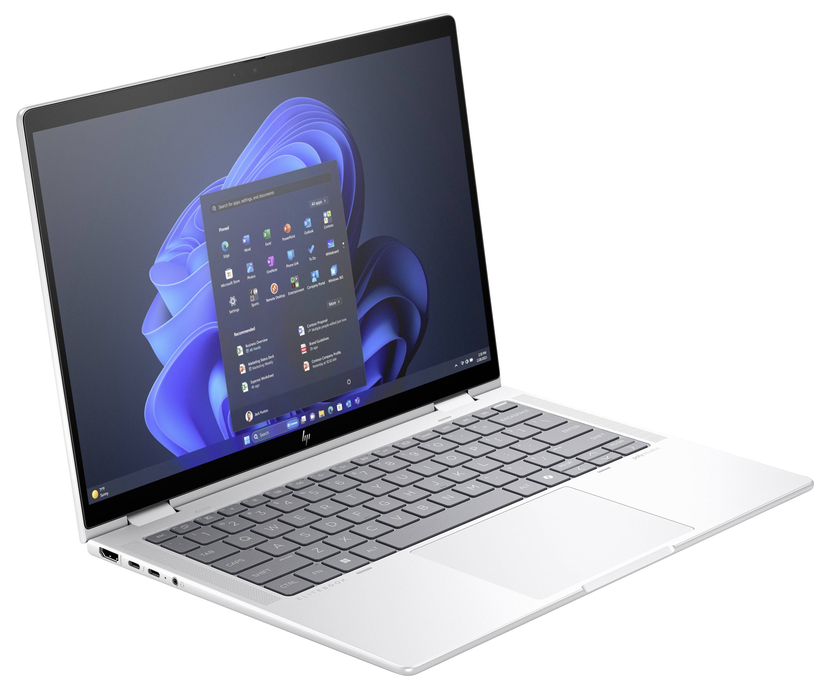 Ein Laptop mit geöffnetem Bildschirm zeigt den Windows 11-Startbildschirm mit Symbolen für häufig verwendete Anwendungen.